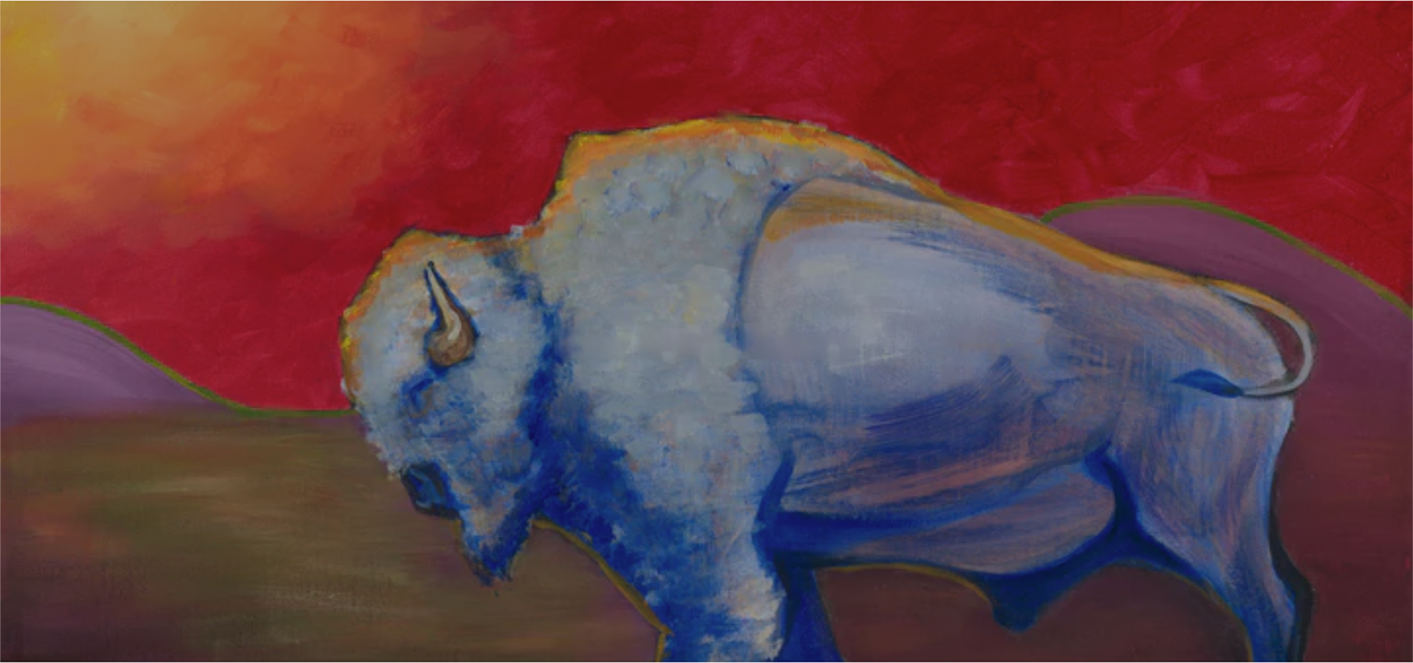 A blue buffalo painted on a brown and bright red background by the artist Joe Don Brave.