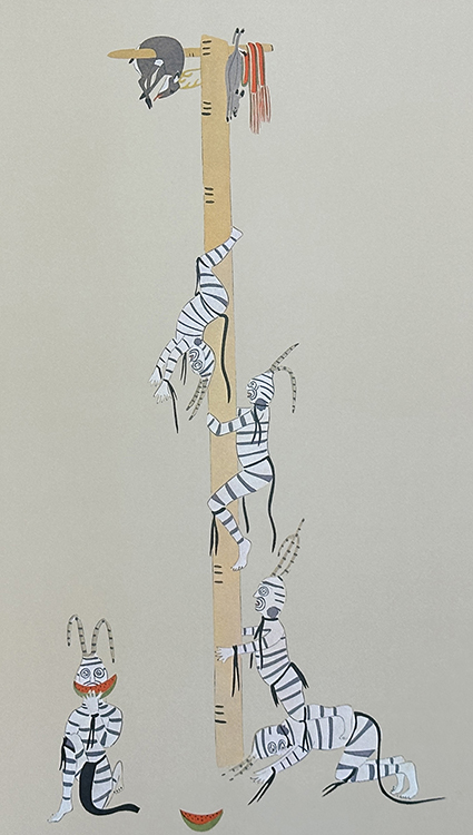 Playful kachinas climbing a pole to reach animals.